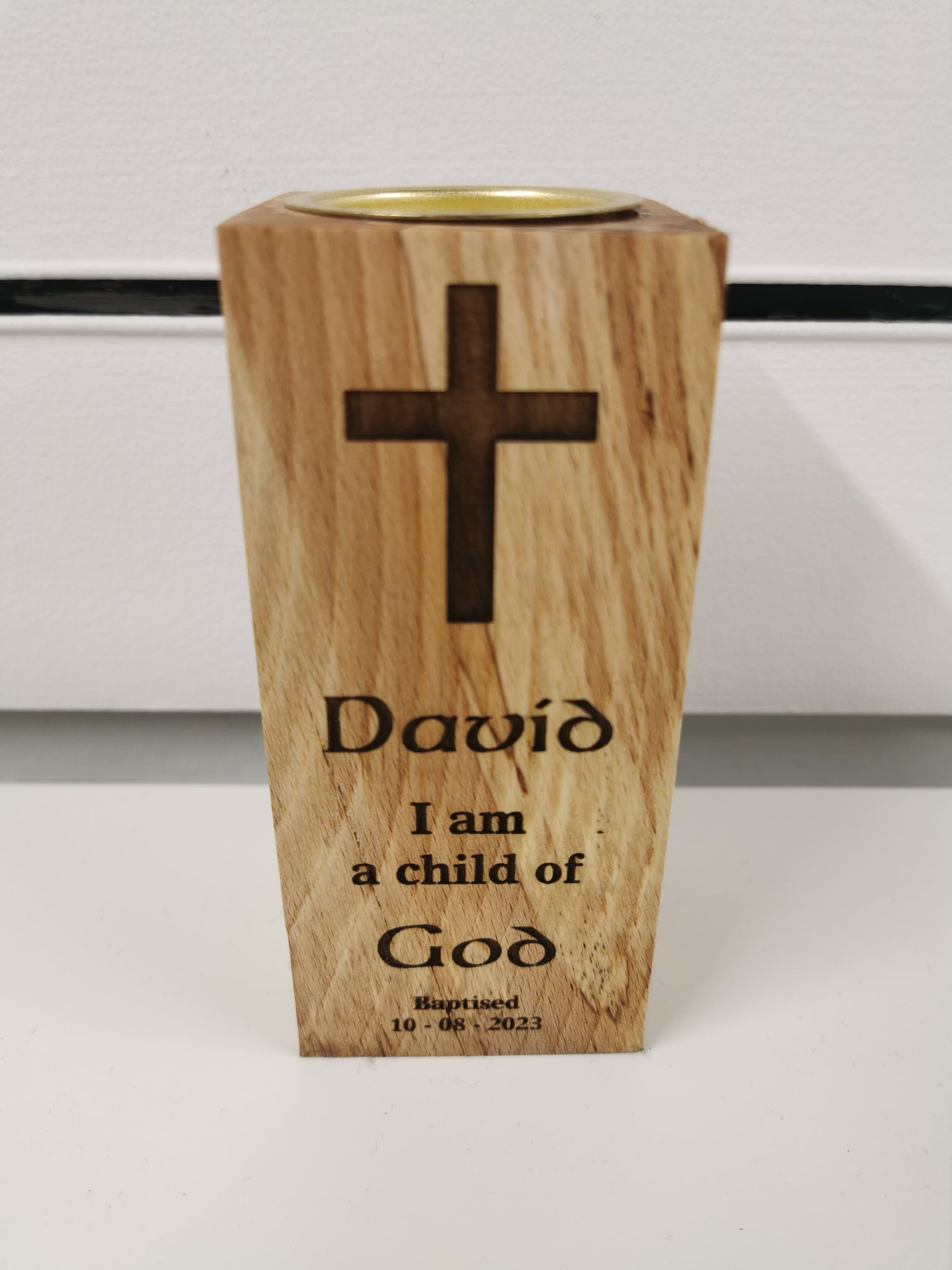 Blessed Light - Personalised Christening/Baptism Oak Wood Tea Light Candle