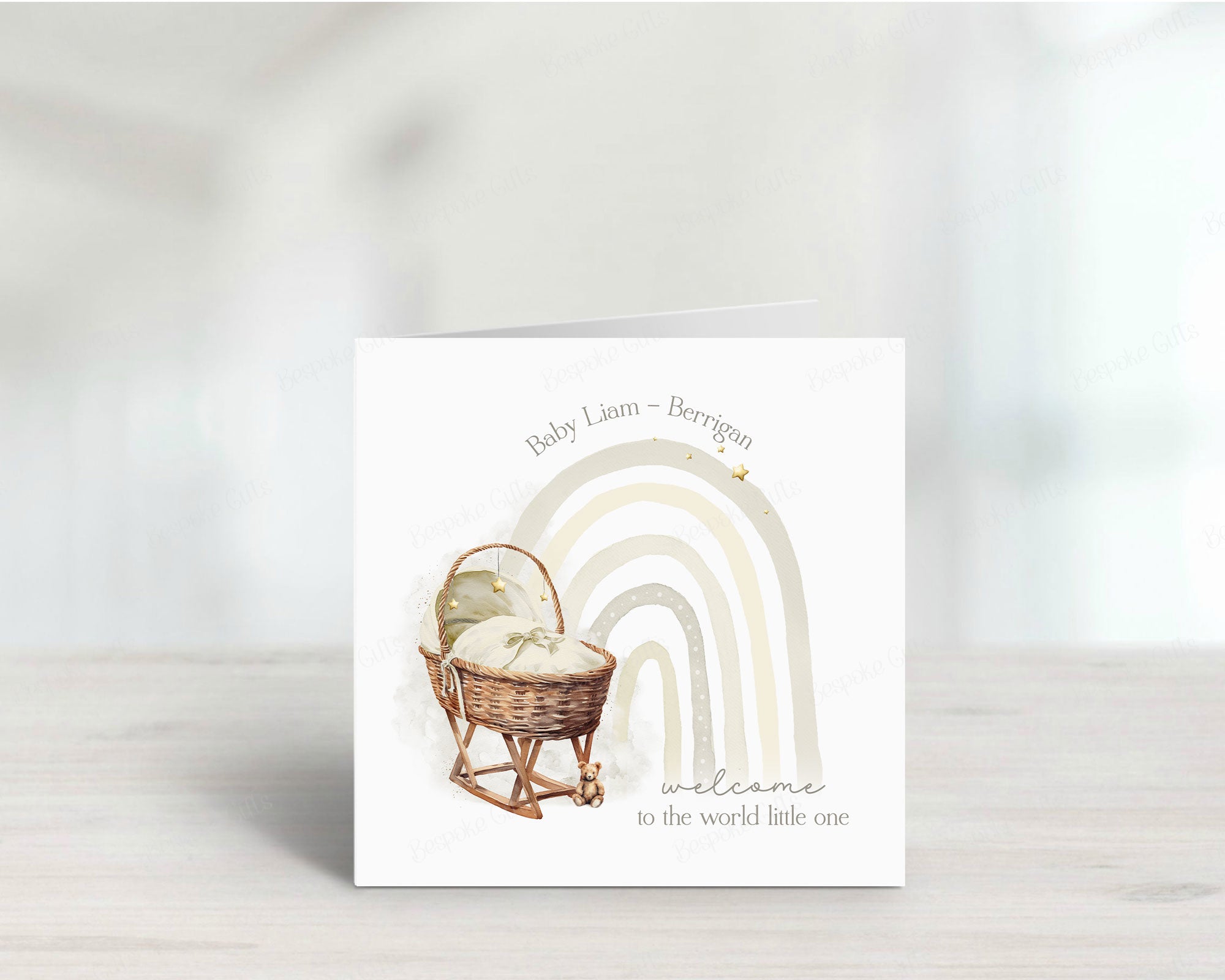 Rainbow Moses Basket New Baby Card - Personalised for Every Little One