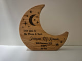 Custom Solid Beech Baby Birth Moon with personalised details including child's name, date of birth, and decorative elements