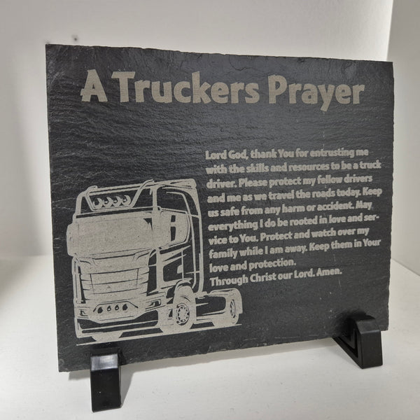 Laser engraved “A Trucker’s Prayer” on 160x140 mm Donegal slate featuring a detailed Scania lorry illustration