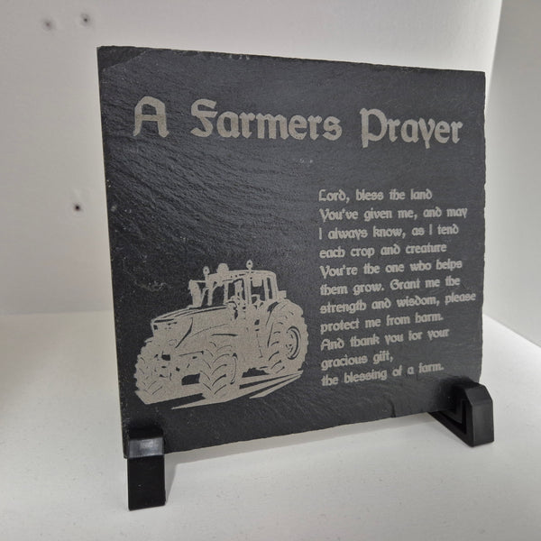 Laser‑engraved “A Farmer’s Prayer” on 160×140 mm Donegal slate featuring a detailed tractor illustration