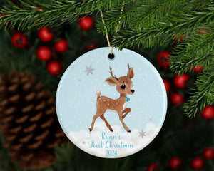 First Christmas Personalised Reindeer tree decoration (Pink and Blue)