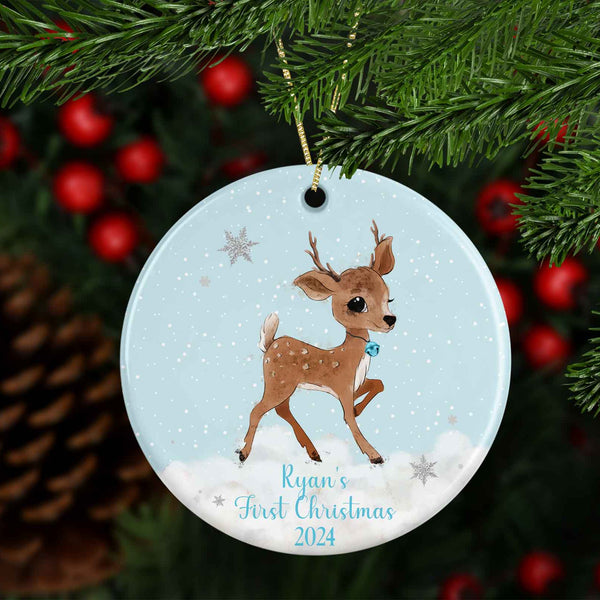 First Christmas Personalised Reindeer tree decoration (Pink and Blue)