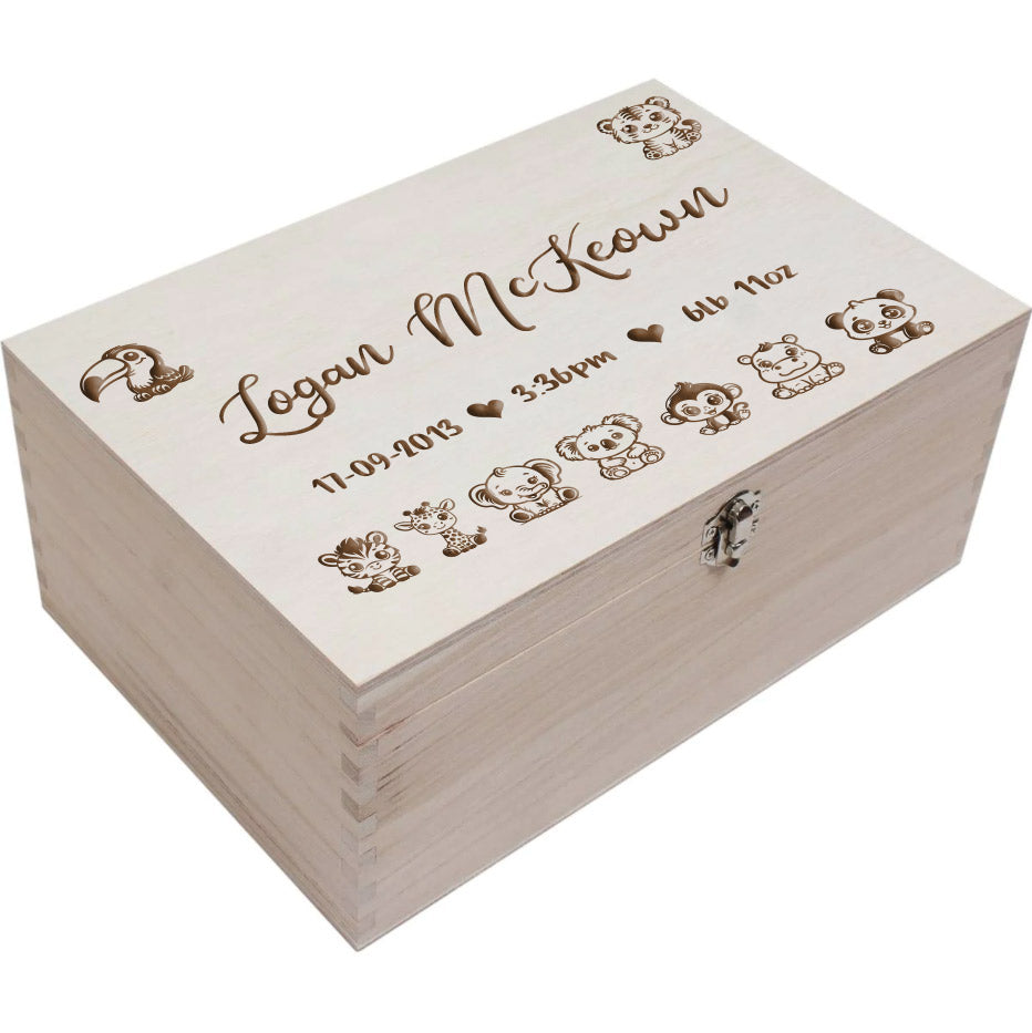 Personalised Baby Memory Box - Safari Cartoon Engraving