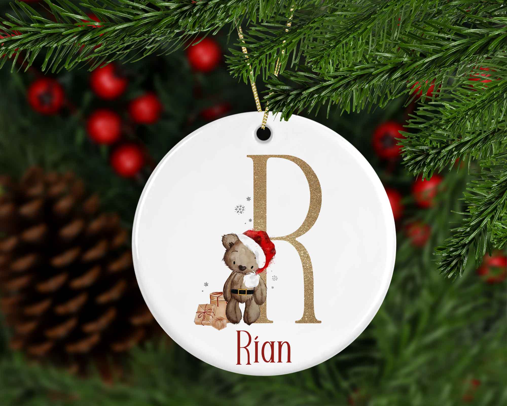 Christmas Brown teddy bear Initial & name tree decoration