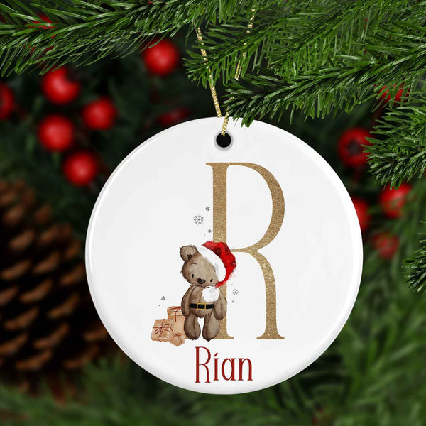 Christmas Brown teddy bear Initial & name tree decoration