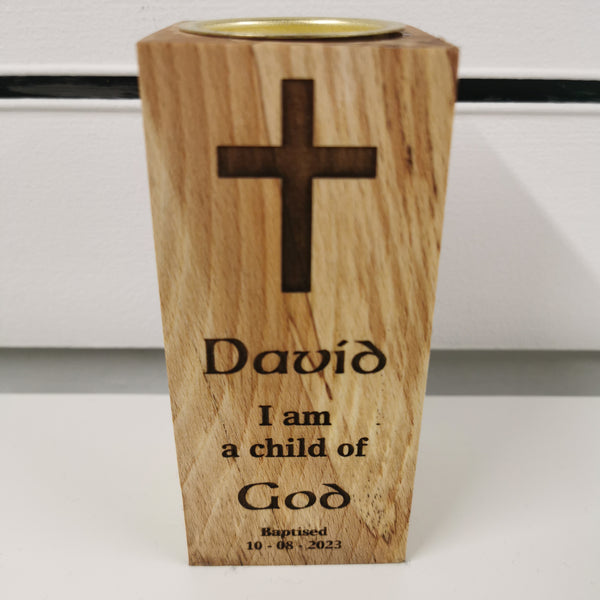 Blessed Light - Personalised Christening/Baptism Oak Wood Tea Light Candle