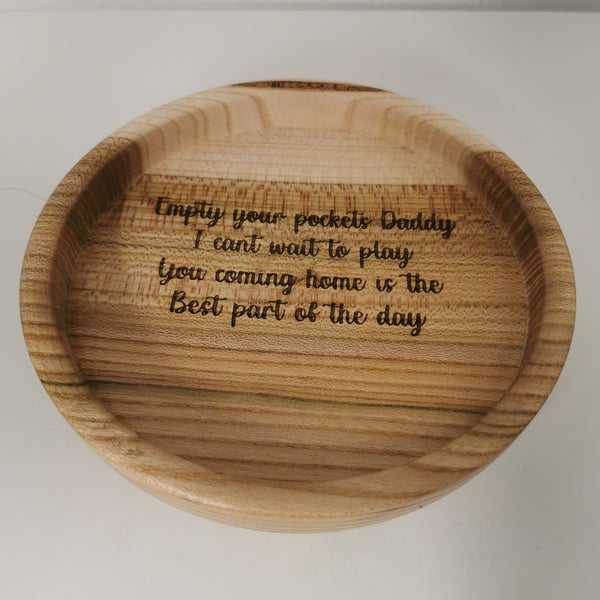 Catch all tray showing engraving made from Irish Elm