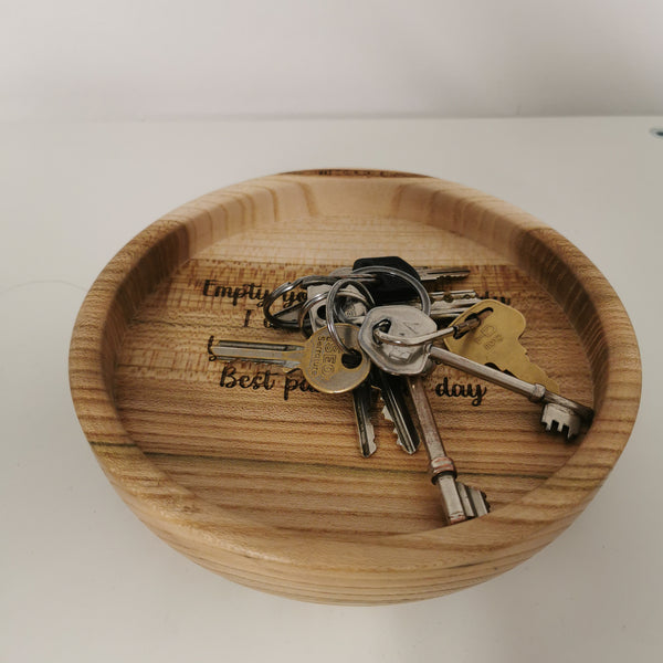 Catch all tray showing keys inside made from Irish Elm