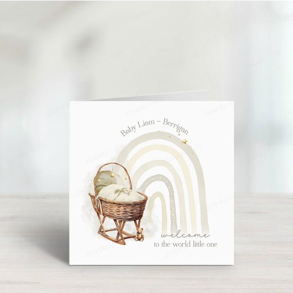 Rainbow Moses Basket New Baby Card - Personalised for Every Little One