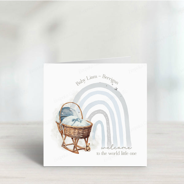 Rainbow Moses Basket New Baby Card - Personalised for Every Little One