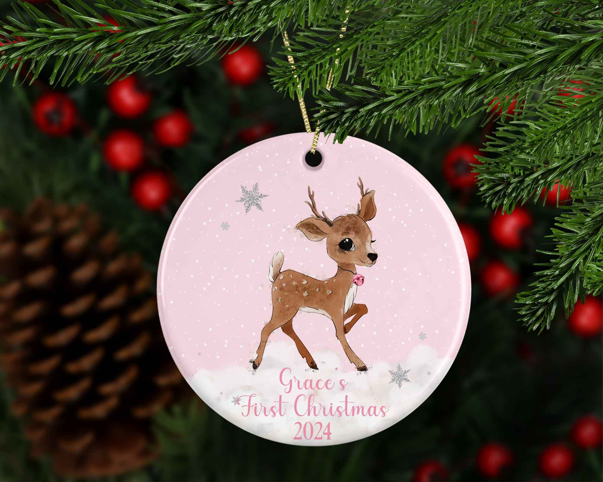 First Christmas Personalised Reindeer tree decoration (Pink and Blue)