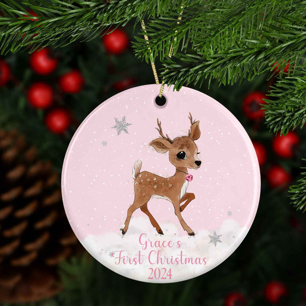 First Christmas Personalised Reindeer tree decoration (Pink and Blue)