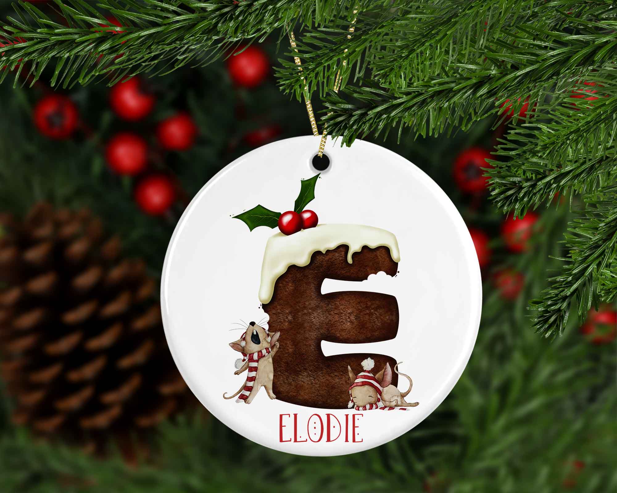 Christmas Pudding mouse Initial & name tree decoration