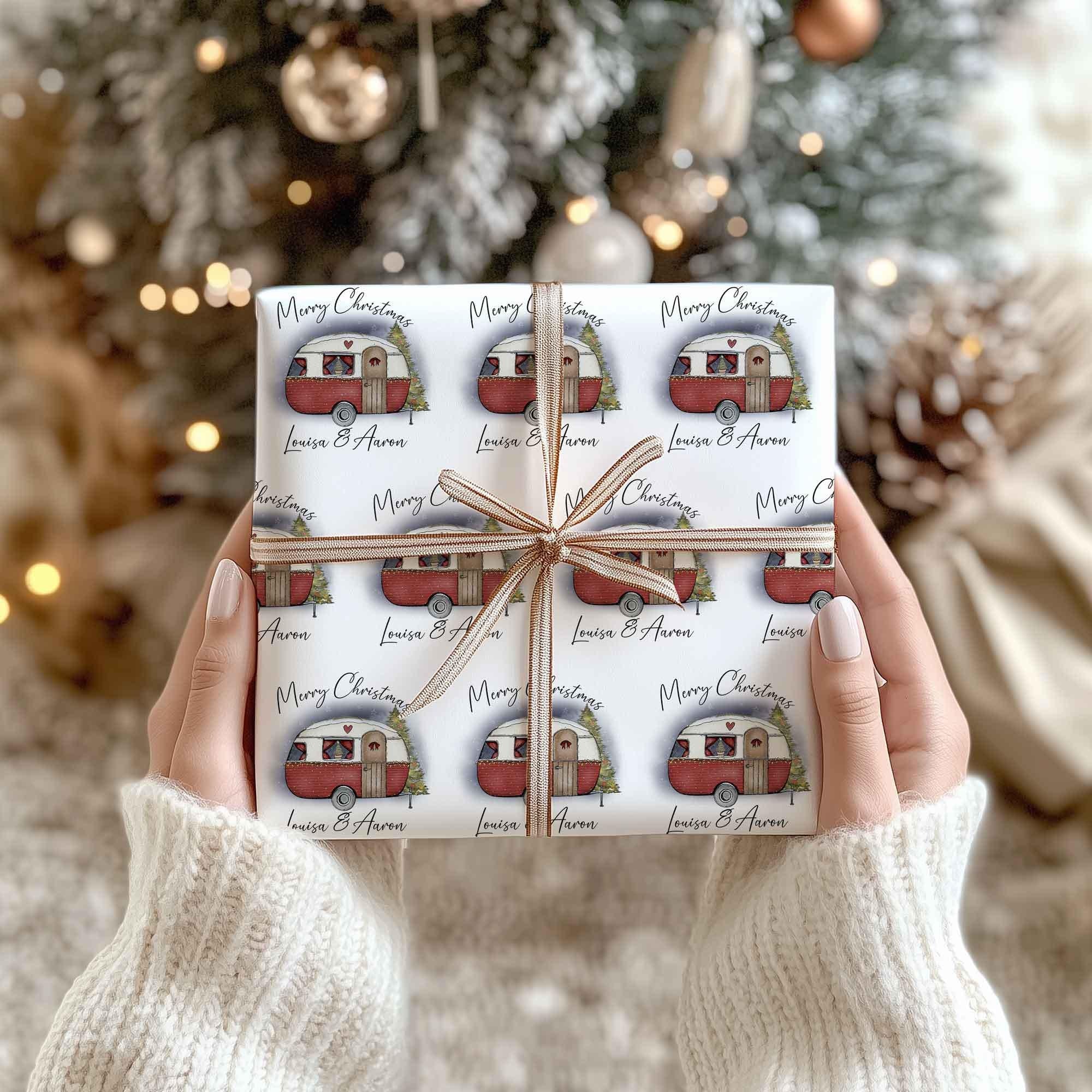 Personalised Christmas Caravan Wrapping Paper - Red & Green Caravan Festive Gift Wrap - Custom Names Holiday Paper
