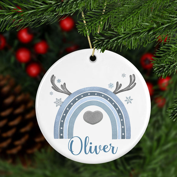 Personalised Blue Reindeer Rainbow Christmas Decoration – Custom Name Ceramic Bauble