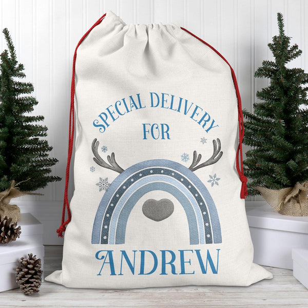 Personalised Christmas Reindeer Sack – Special Delivery for Kids - Reindeer Rainbow Gift Bag - Custom Santa Sack - Christmas Eve Bag
