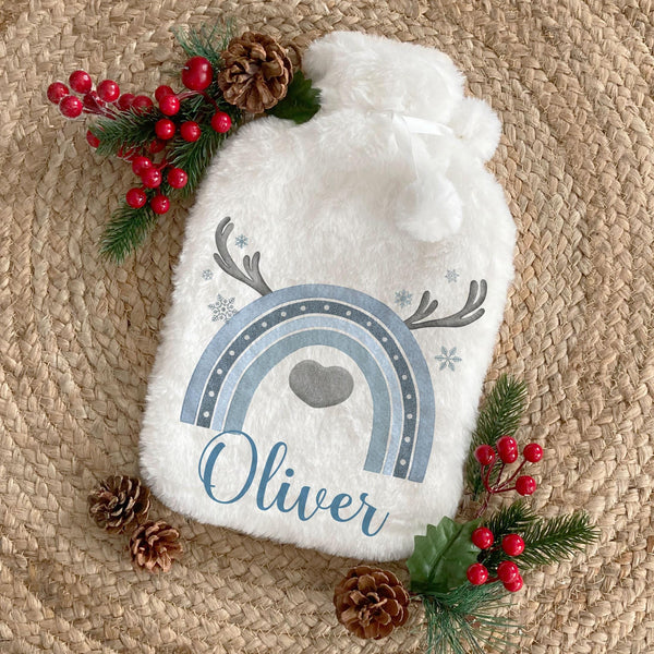 Personalised Reindeer Hot Water Bottle – Christmas Eve Box Filler, Cosy Winter Warmer, Festive Stocking Filler