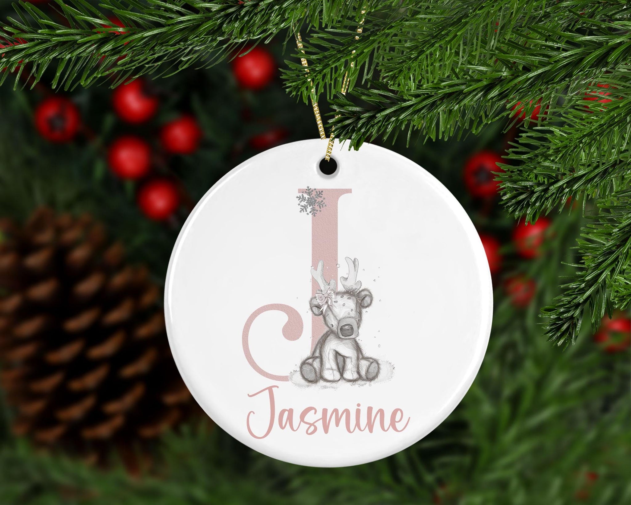 Personalised Pink Reindeer Ceramic Ornament – Custom Name Christmas Decoration – Baby’s First Christmas Bauble – Kids Xmas Keepsake