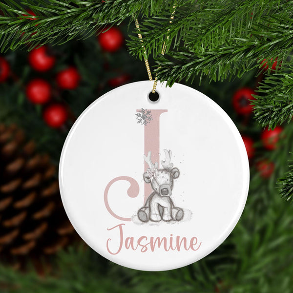 Personalised Pink Reindeer Ceramic Ornament – Custom Name Christmas Decoration – Baby’s First Christmas Bauble – Kids Xmas Keepsake