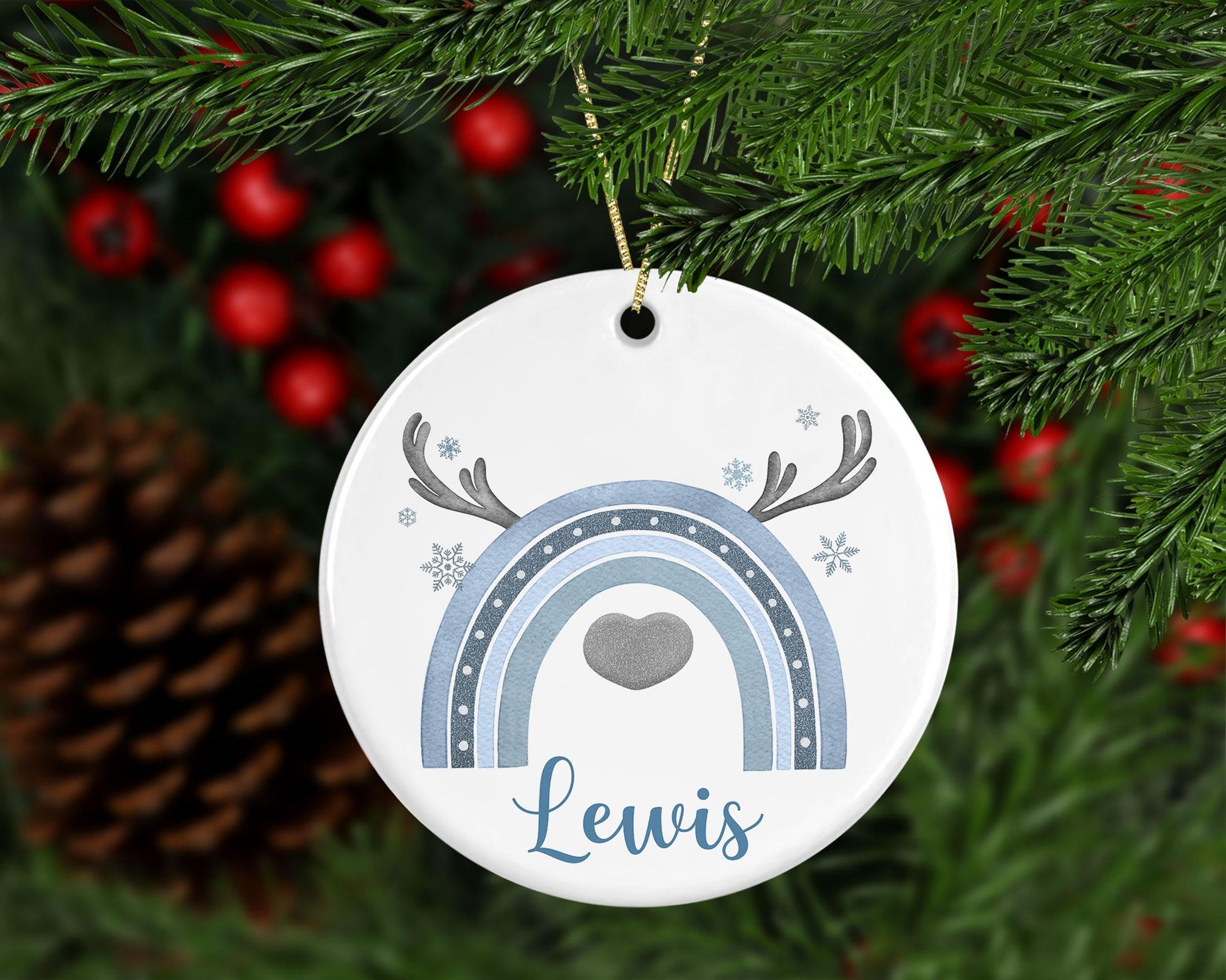 Personalised Blue Reindeer Rainbow Christmas Decoration – Custom Name Ceramic Bauble