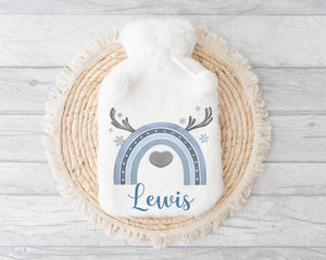 Personalised Reindeer Hot Water Bottle – Christmas Eve Box Filler, Cosy Winter Warmer, Festive Stocking Filler