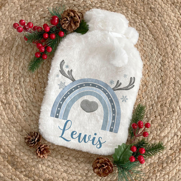 Personalised Reindeer Hot Water Bottle – Christmas Eve Box Filler, Cosy Winter Warmer, Festive Stocking Filler