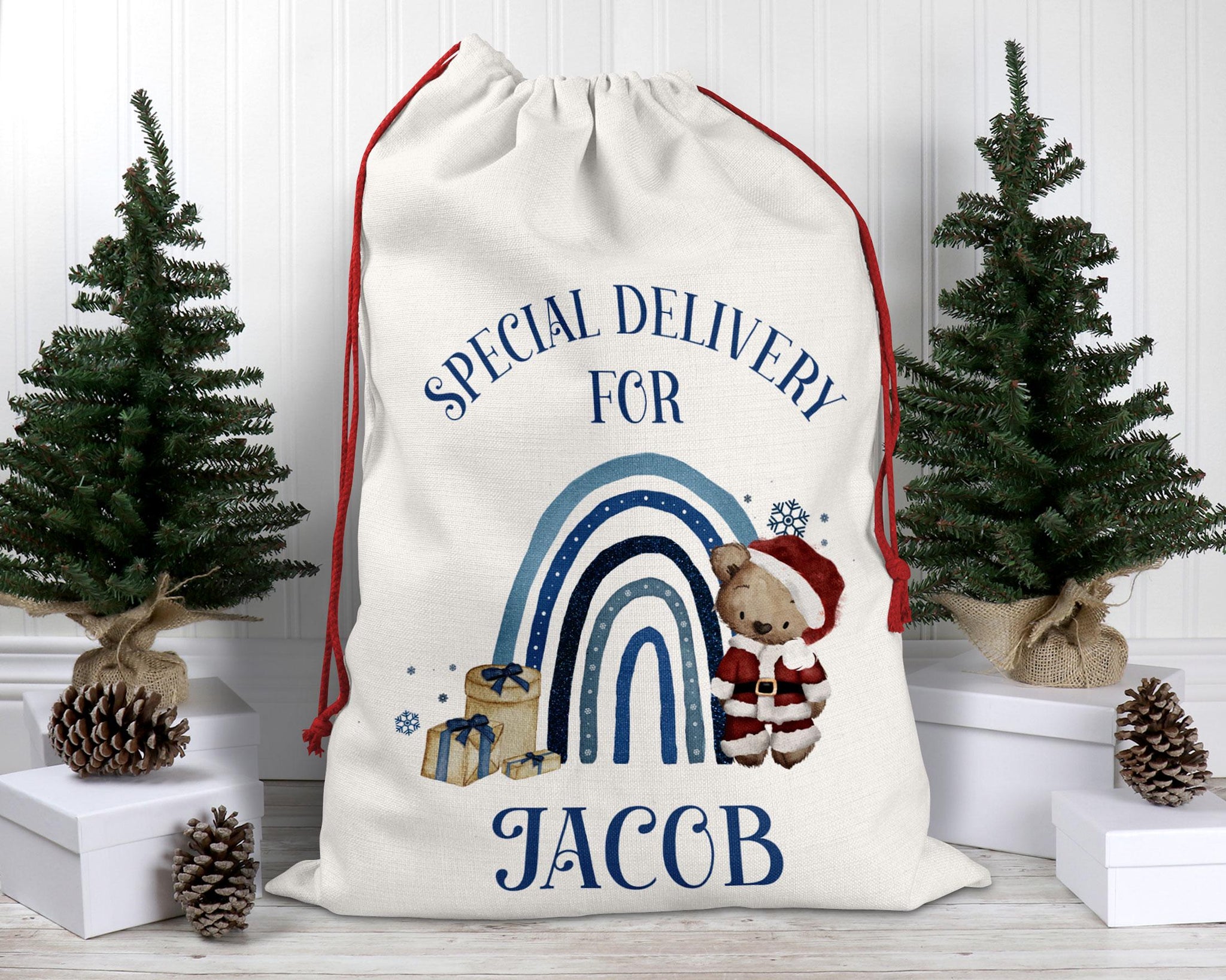 Personalised Christmas Bear Sack – Blue Rainbow Santa Sack – Custom Name Special Delivery Gift Bag – Kids Christmas Eve Sack