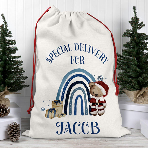 Personalised Christmas Bear Sack – Blue Rainbow Santa Sack – Custom Name Special Delivery Gift Bag – Kids Christmas Eve Sack