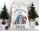 Personalised Christmas Bear Sack – Blue Rainbow Santa Sack – Custom Name Special Delivery Gift Bag – Kids Christmas Eve Sack