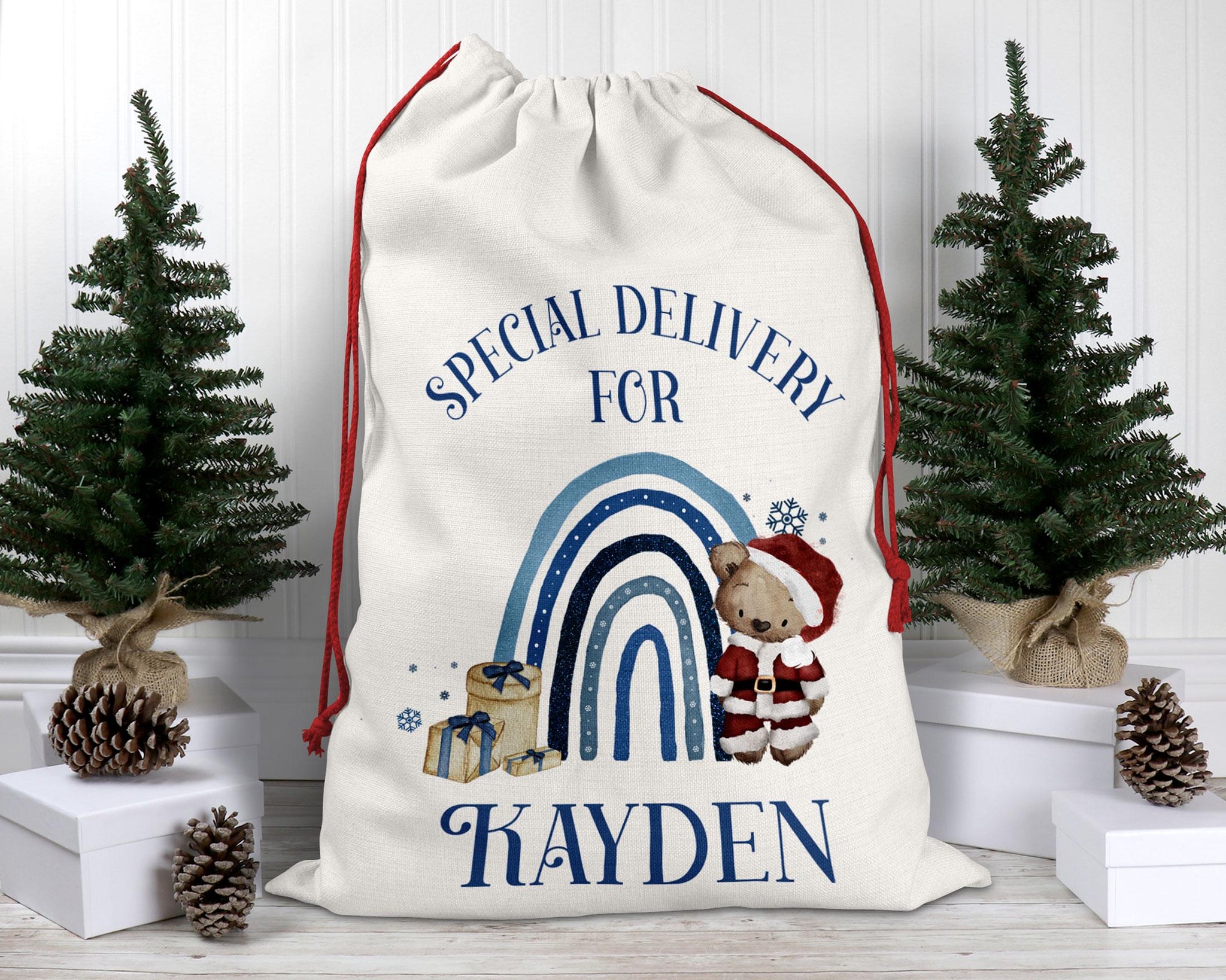 Personalised Christmas Bear Sack – Blue Rainbow Santa Sack – Custom Name Special Delivery Gift Bag – Kids Christmas Eve Sack