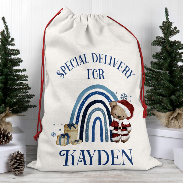 Personalised Christmas Bear Sack – Blue Rainbow Santa Sack – Custom Name Special Delivery Gift Bag – Kids Christmas Eve Sack