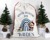 Personalised Christmas Bear Sack – Blue Rainbow Santa Sack – Custom Name Special Delivery Gift Bag – Kids Christmas Eve Sack