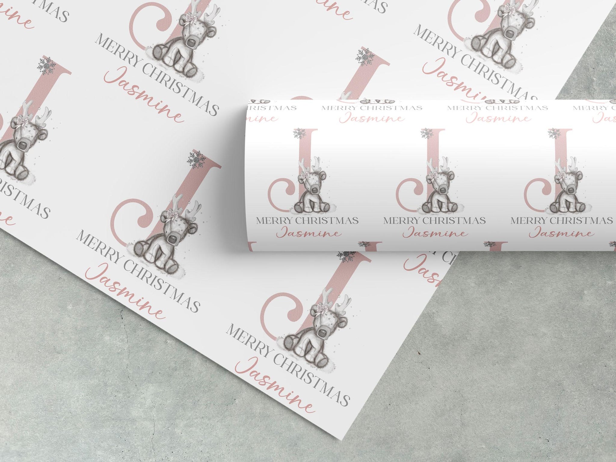 Personalised Pink Reindeer Christmas Wrapping Paper – Cute Kids Gift Wrap – Custom Name Holiday Paper