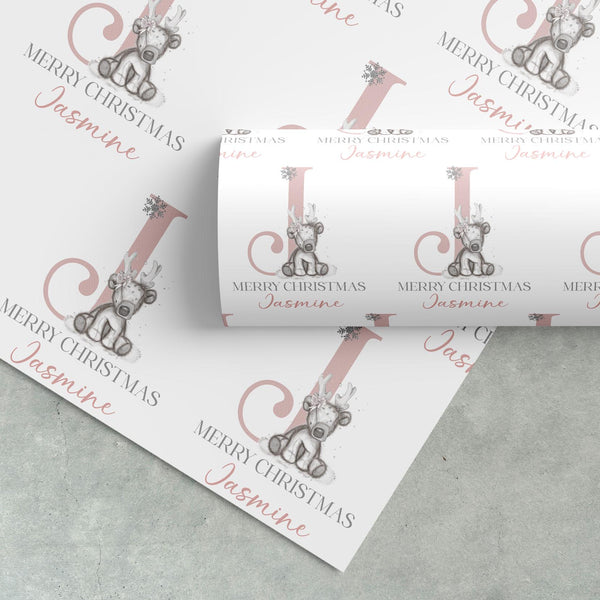 Personalised Pink Reindeer Christmas Wrapping Paper – Cute Kids Gift Wrap – Custom Name Holiday Paper