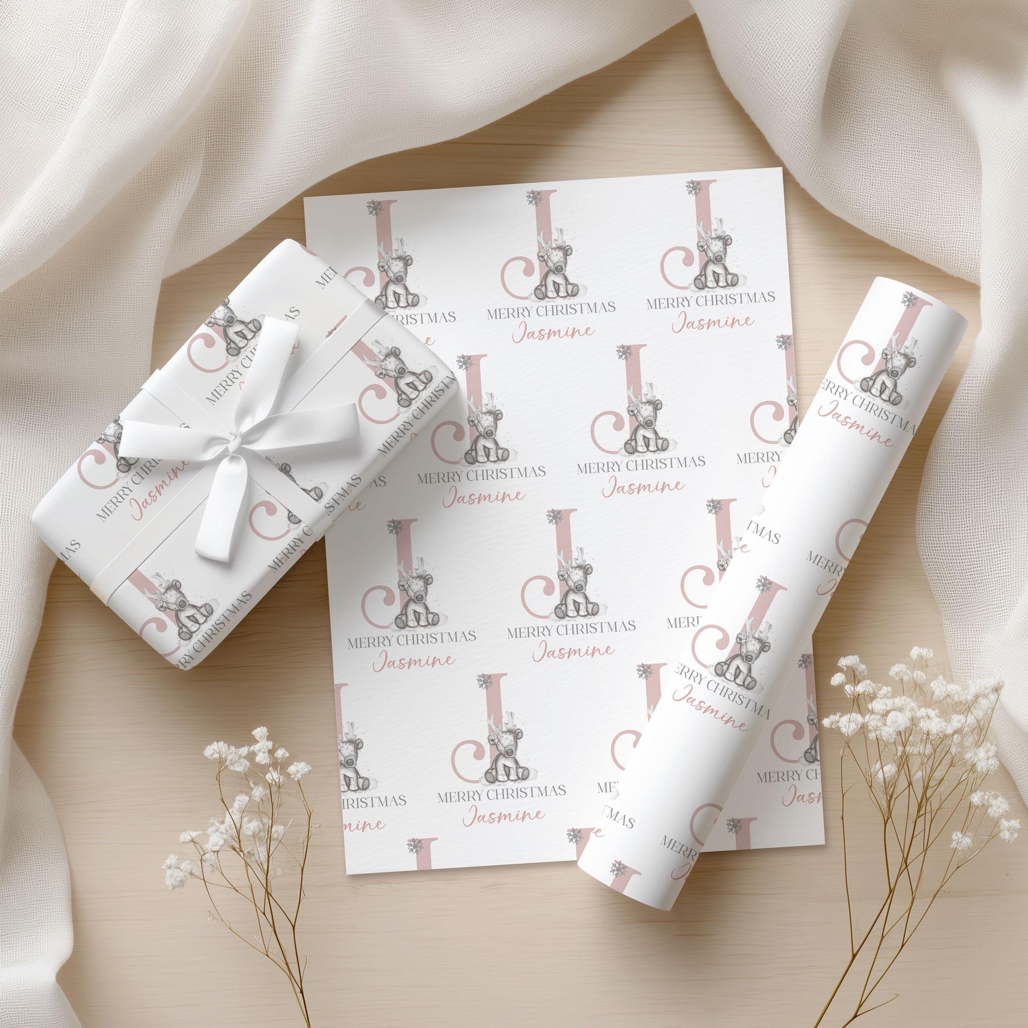 Personalised Pink Reindeer Christmas Wrapping Paper – Cute Kids Gift Wrap – Custom Name Holiday Paper