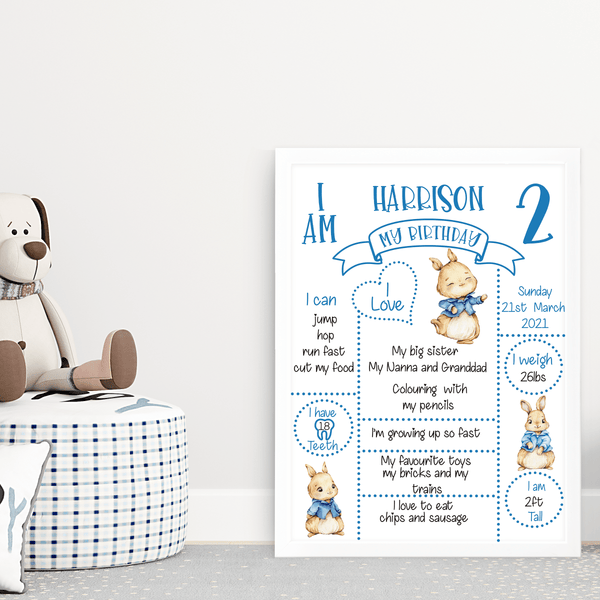 Blue and Pink Bunny Birthday Development Stats Frame - Twin Town Crafts