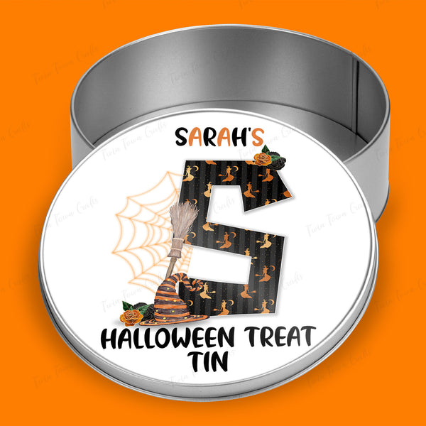 Personalised Halloween Witch Initial Round tin