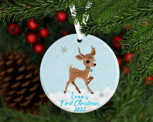 First Christmas Personalised Reindeer tree decoration (Pink and Blue)