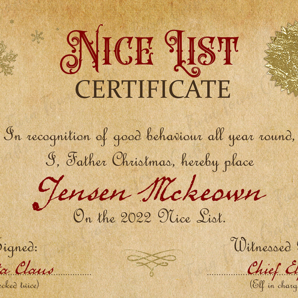 Nice List certificate