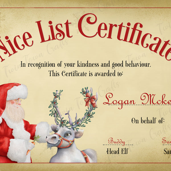 A personalized 'Nice List Certificate' featuring an illustration of Santa Claus and a reindeer on a beige background. The certificate has text personalization for a name and includes festive holiday greetings.