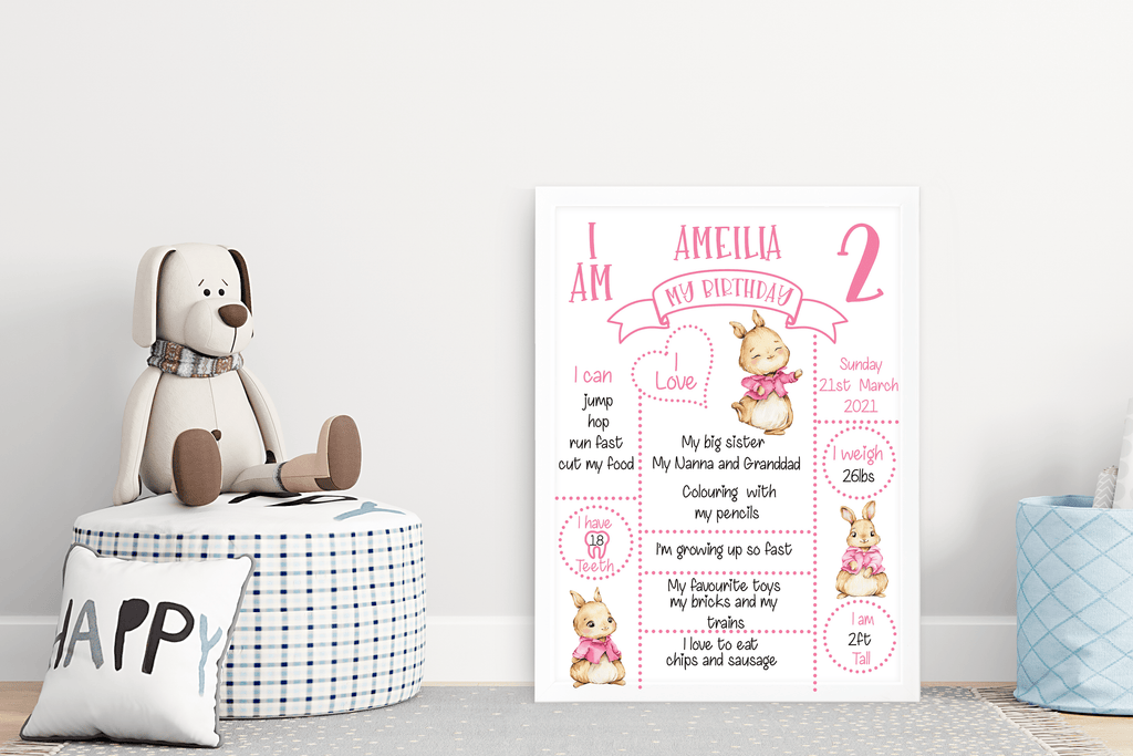 Blue and Pink Bunny Birthday Development Stats Frame - Twin Town Crafts
