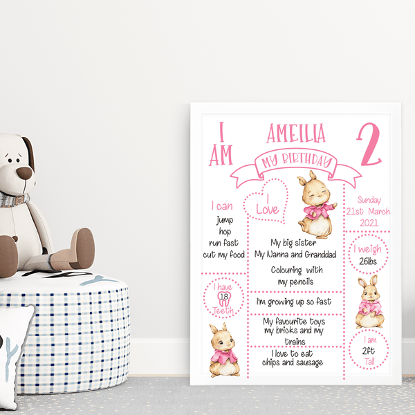 Blue and Pink Bunny Birthday Development Stats Frame - Twin Town Crafts