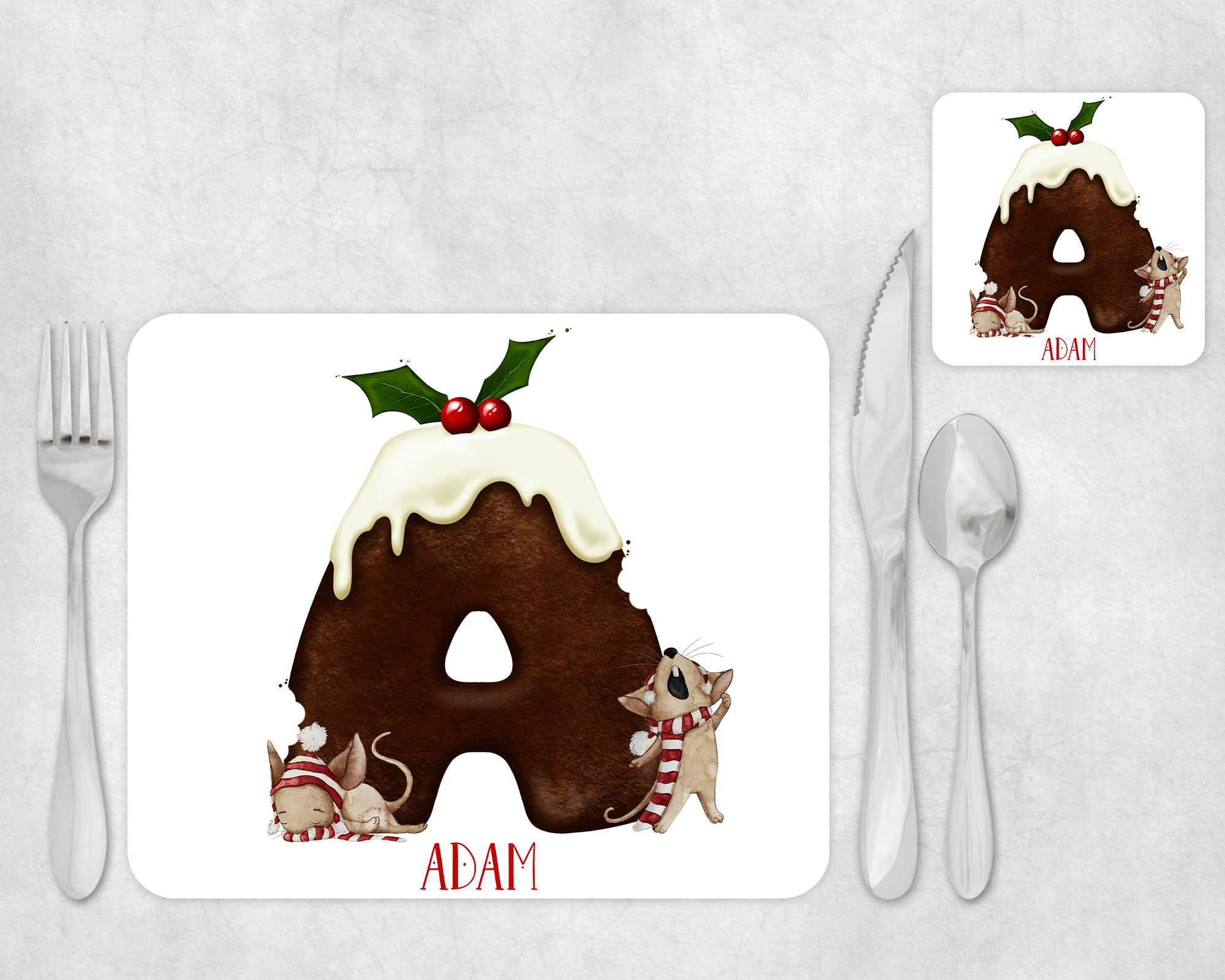 Christmas Pudding mouse alphabet Placemat and Coaster Set - Twin Town Crafts