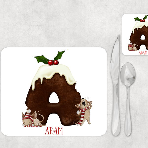 Christmas Pudding mouse alphabet Placemat and Coaster Set - Twin Town Crafts