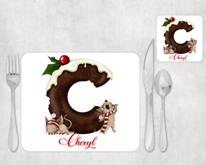Christmas Pudding mouse alphabet Placemat and Coaster Set - Twin Town Crafts