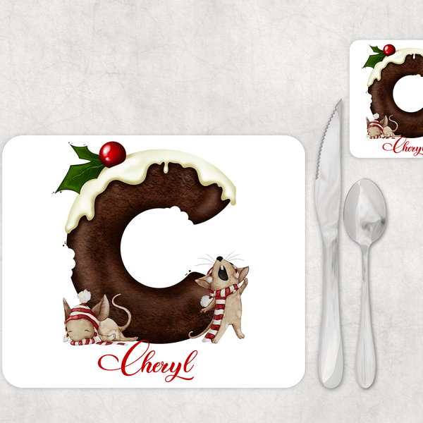 Christmas Pudding mouse alphabet Placemat and Coaster Set - Twin Town Crafts