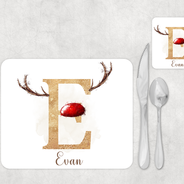 Personalised Reindeer alphabet Placemat and Coaster Set