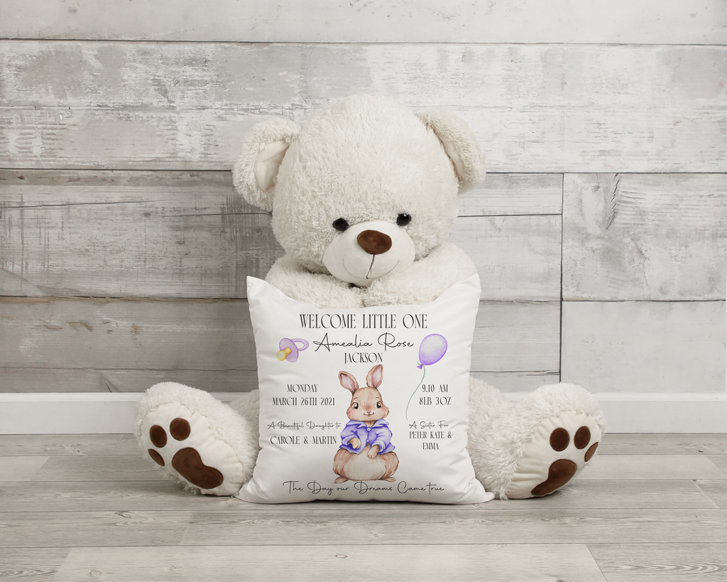 Personalised Bunny Baby Stat Pillows (Various Colours) & Twins