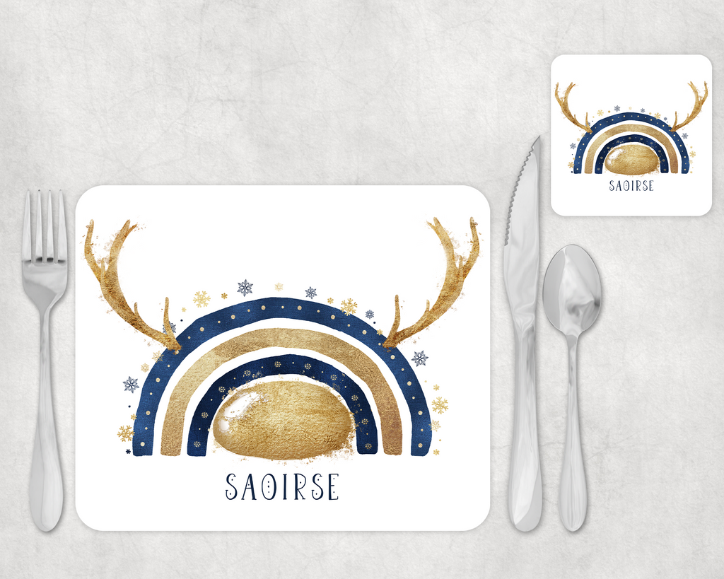 Navy and silver/Navy and Gold christmas reinbow Placemat and Coaster Set